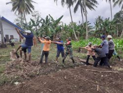 Babinsa Barebbo Bantu Warga Tebang Pohon Kelapa Yang Dapat Membahayakan Rumah