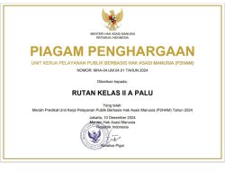 Rutan Palu Raih Predikat Unit Kerja Pelayanan Publik Berbasis HAM di hari HAM Sedunia